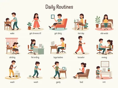 What are some essential verbs for describing daily routines visualisation